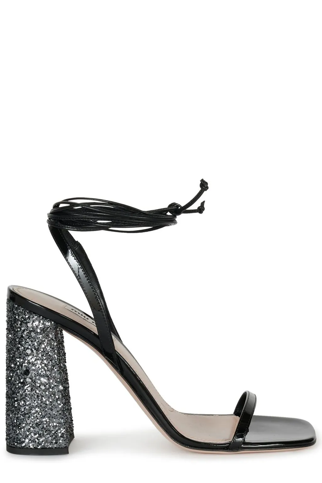 Miu Miu Ankle Tie-Fastened Block Heeled Glitter Sandals
