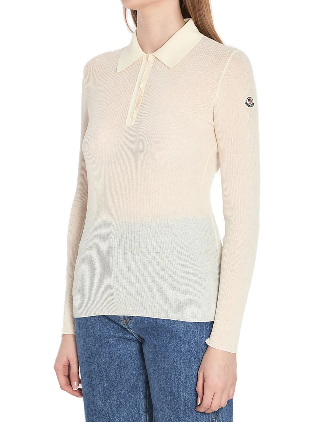 Moncler Long-Sleeved Fine Ribbed Polo Top