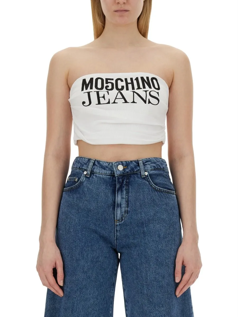 Moschino Jeans Logo Printed Strapless Cropped Top