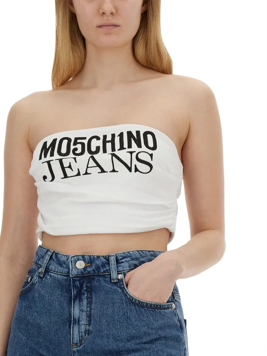 Moschino Jeans Logo Printed Strapless Cropped Top