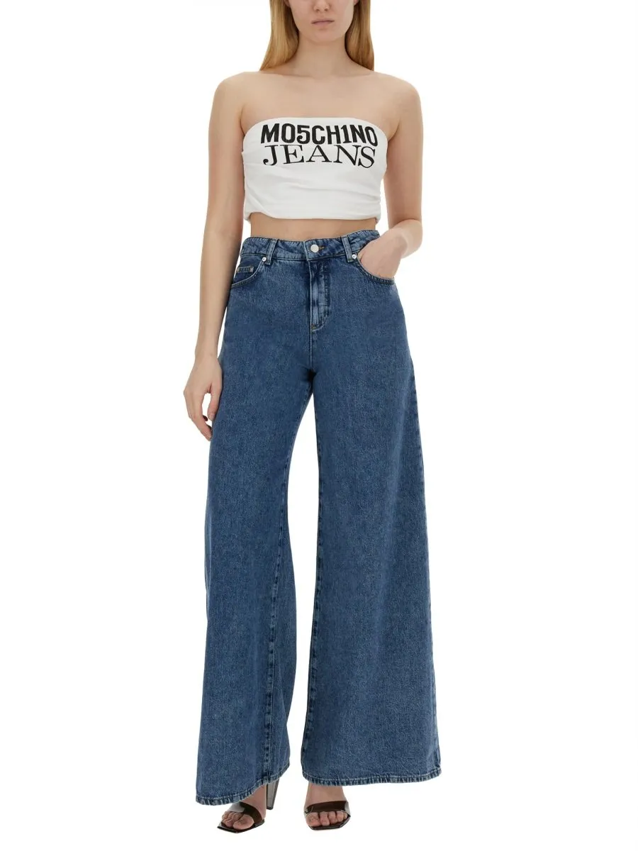Moschino Jeans Logo Printed Strapless Cropped Top
