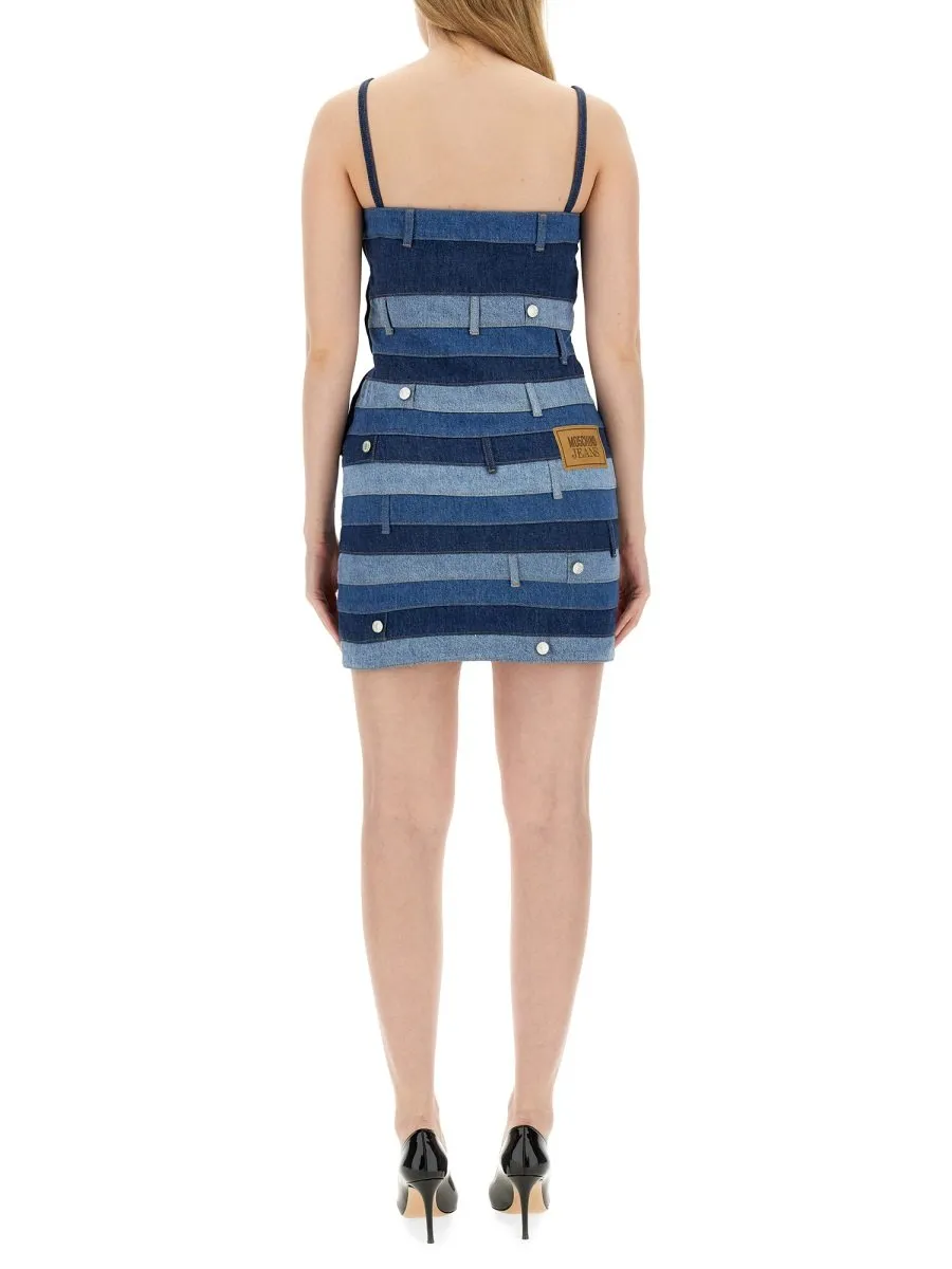 Moschino Jeans Logo Patch Patchwork Designed Mini Dress