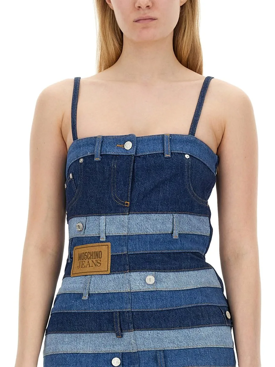 Moschino Jeans Logo Patch Patchwork Designed Mini Dress