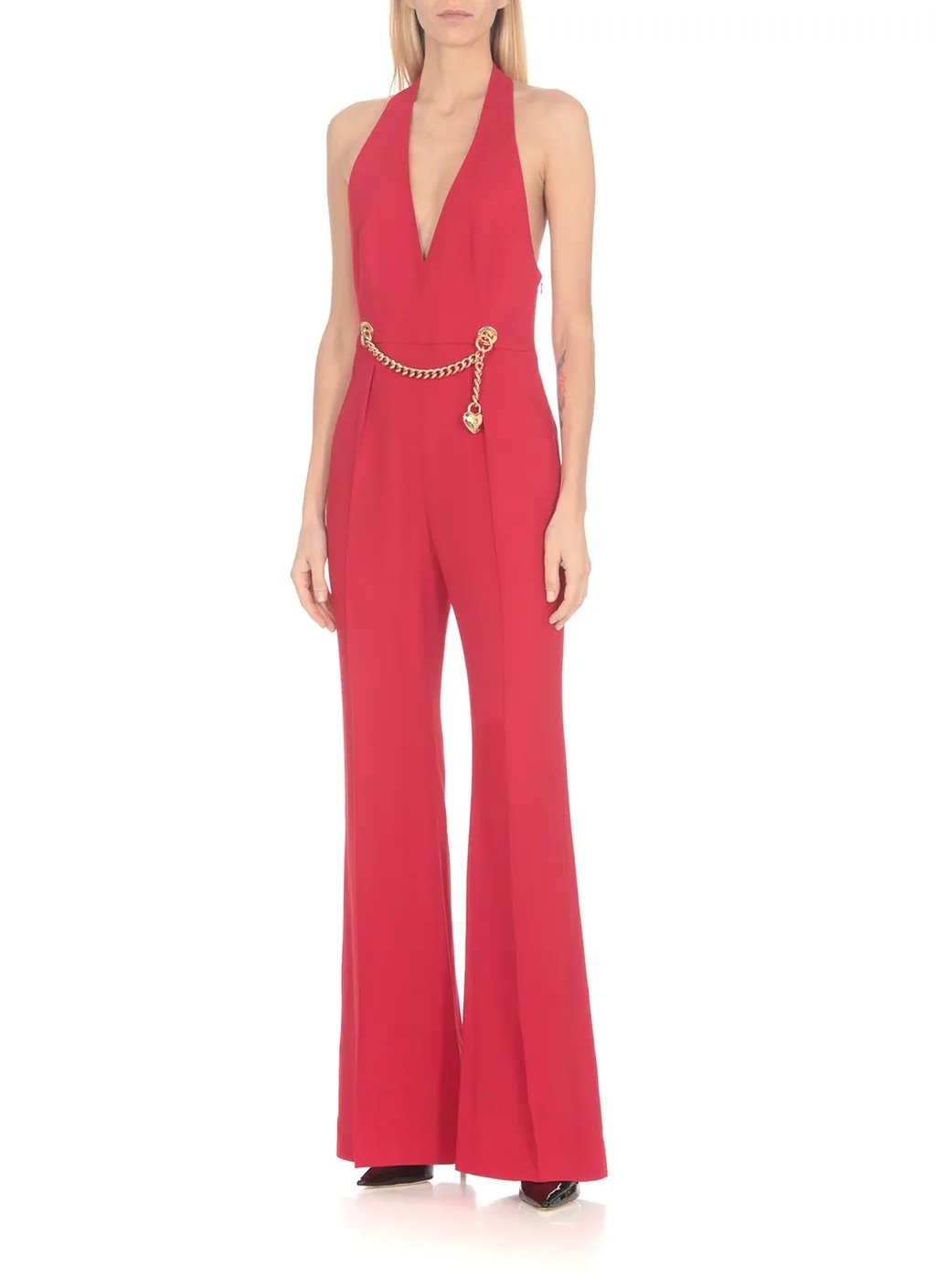 Moschino Chain-Embellished Open-Back Haltrneck Jumpsuit