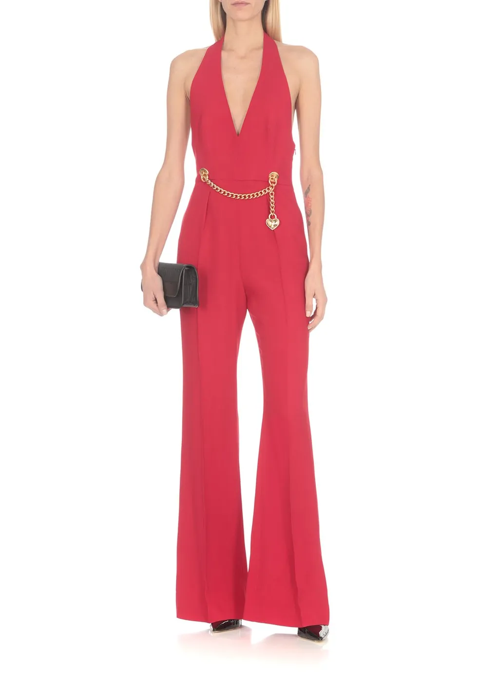 Moschino Chain-Embellished Open-Back Haltrneck Jumpsuit