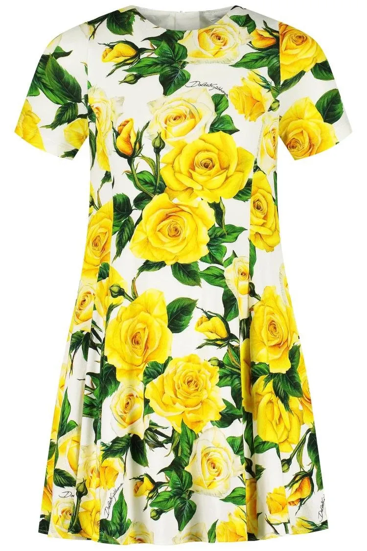 Dolce & Gabbana Kids Rose Printed Crewneck Flared Dress