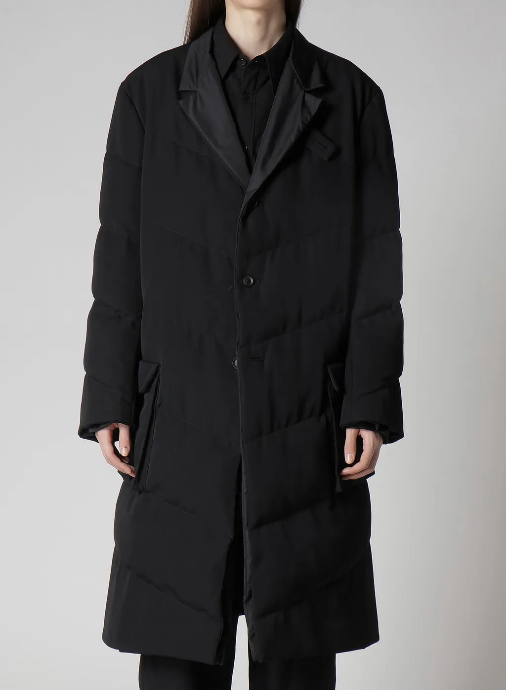 Wool Gabardine 3Buttons Diagonal Padded Long Jacket