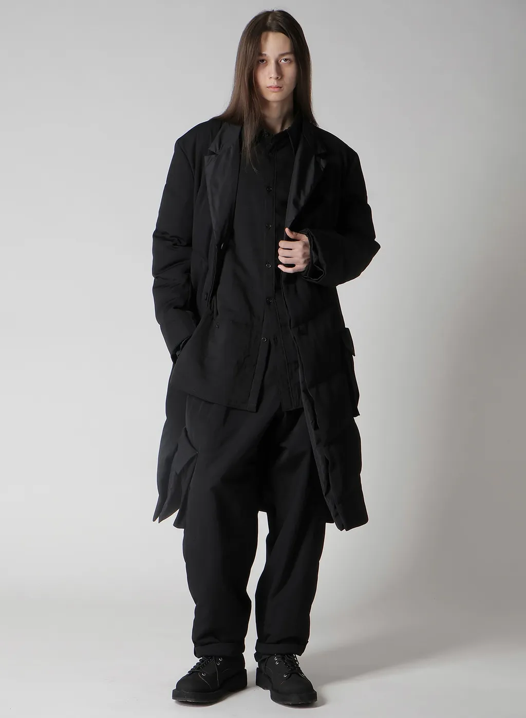 Wool Gabardine 3Buttons Diagonal Padded Long Jacket