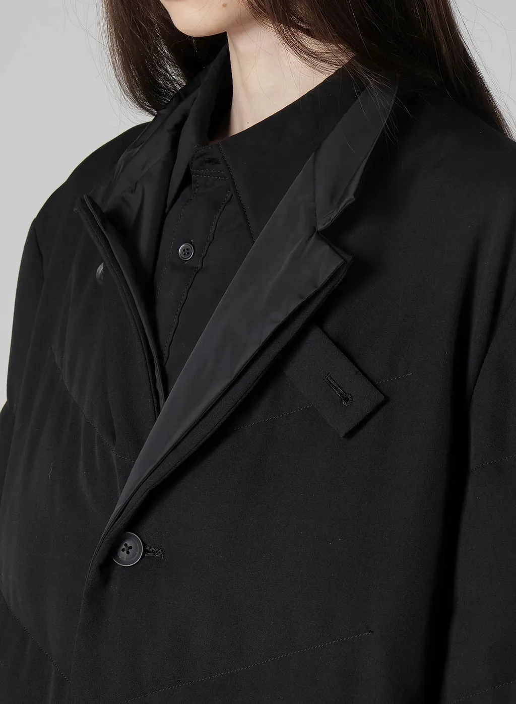 Wool Gabardine 3Buttons Diagonal Padded Long Jacket