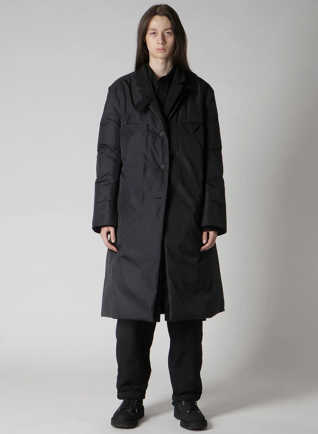 Wool Gabardine 3Buttons Diagonal Padded Long Jacket