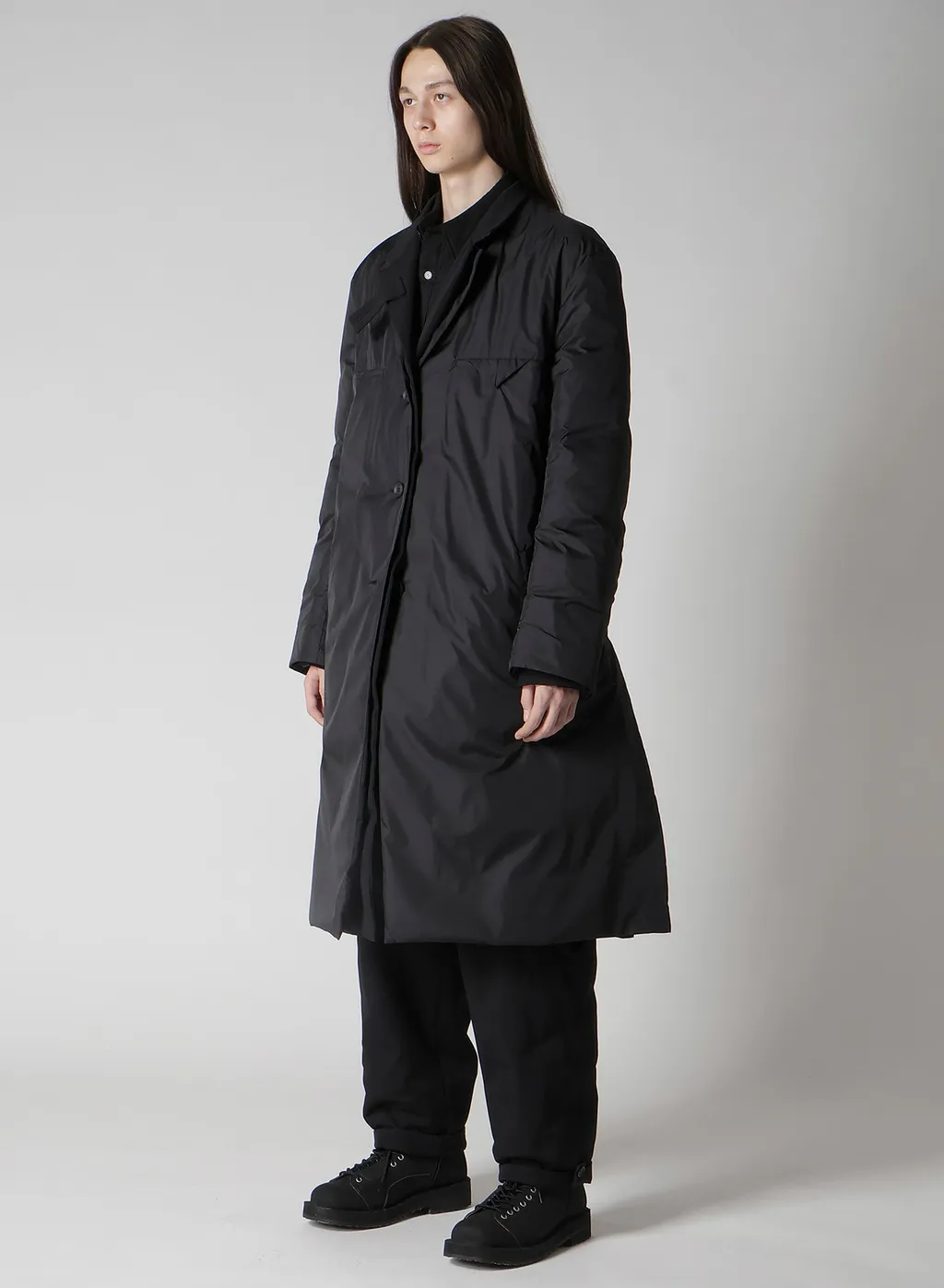 Wool Gabardine 3Buttons Diagonal Padded Long Jacket