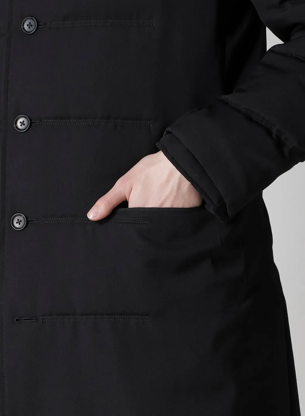 Wool Gabardine Horizontal Padded Long Jacket