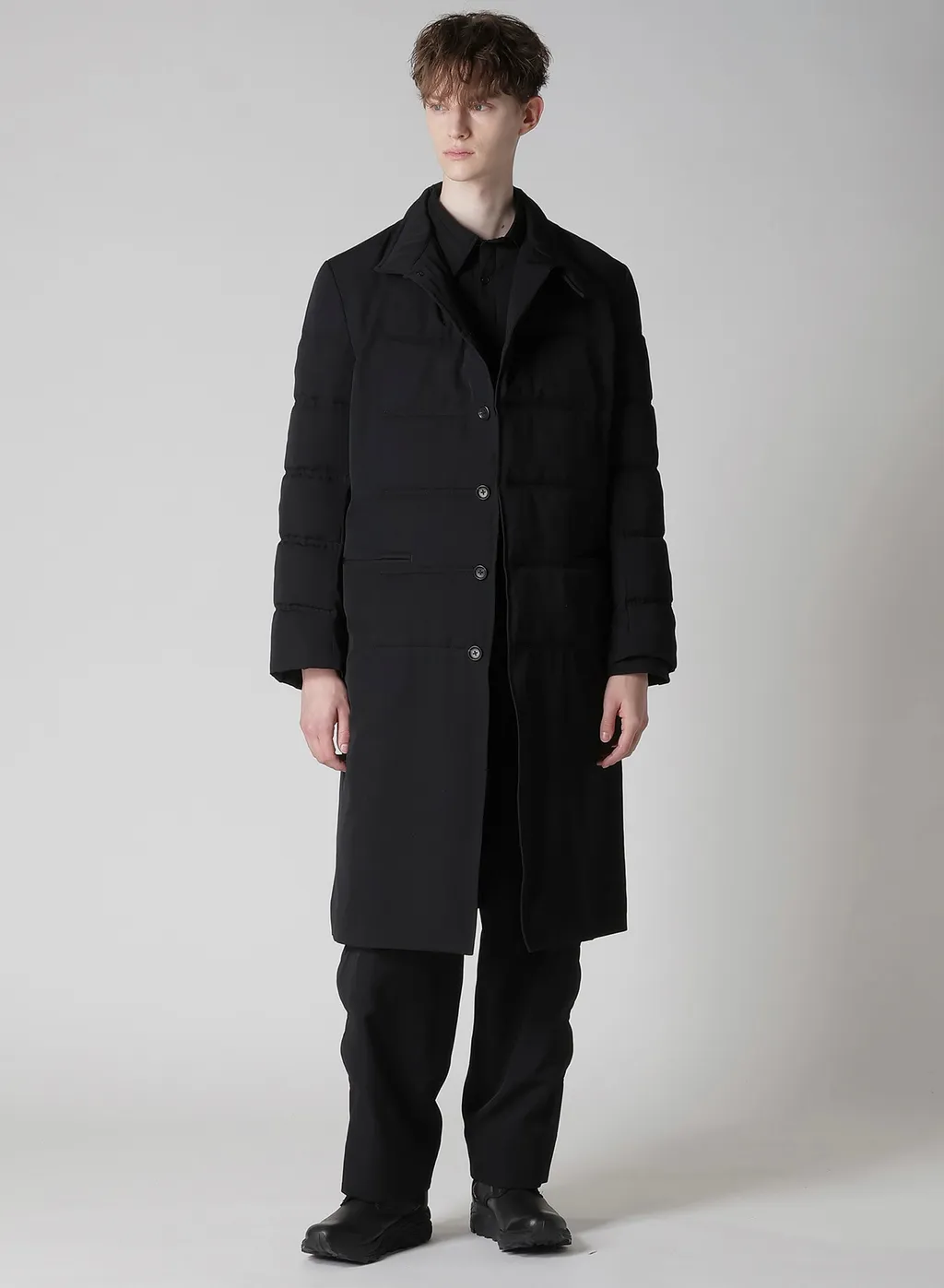 Wool Gabardine Horizontal Padded Long Jacket