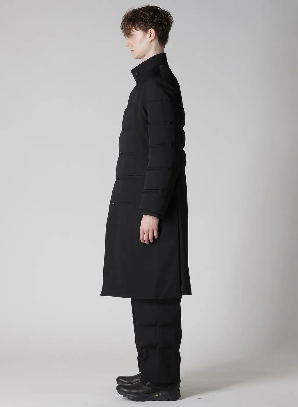 Wool Gabardine Horizontal Padded Long Jacket