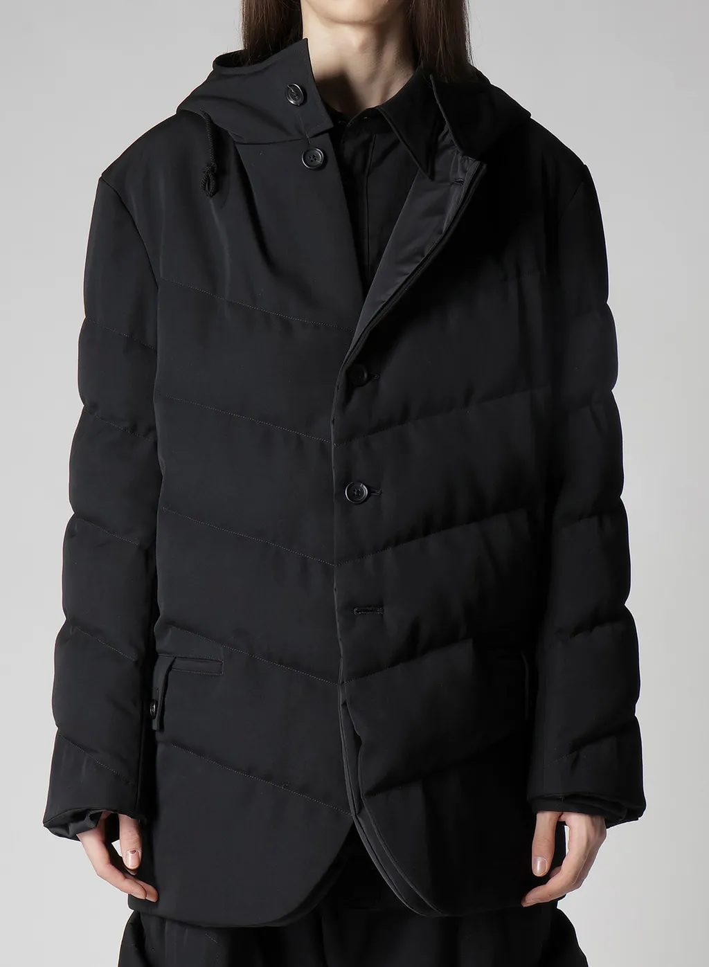 Wool Gabardine Diagonal Padded Hooded Jacket