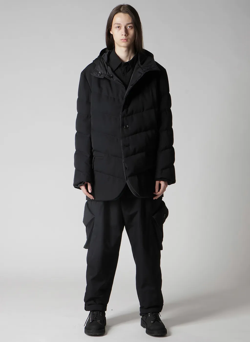 Wool Gabardine Diagonal Padded Hooded Jacket