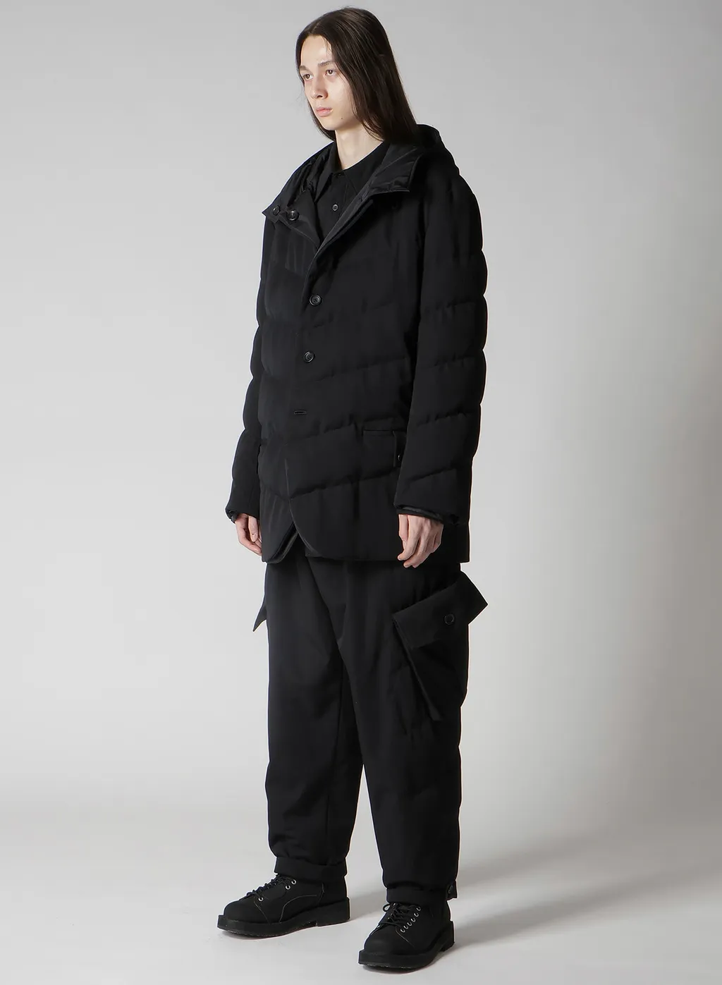 Wool Gabardine Diagonal Padded Hooded Jacket