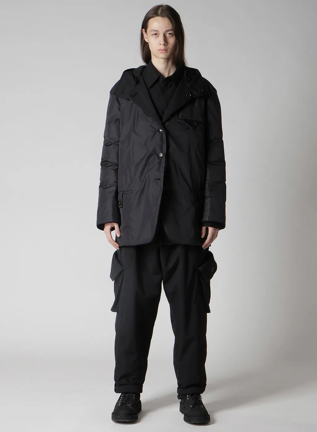 Wool Gabardine Diagonal Padded Hooded Jacket