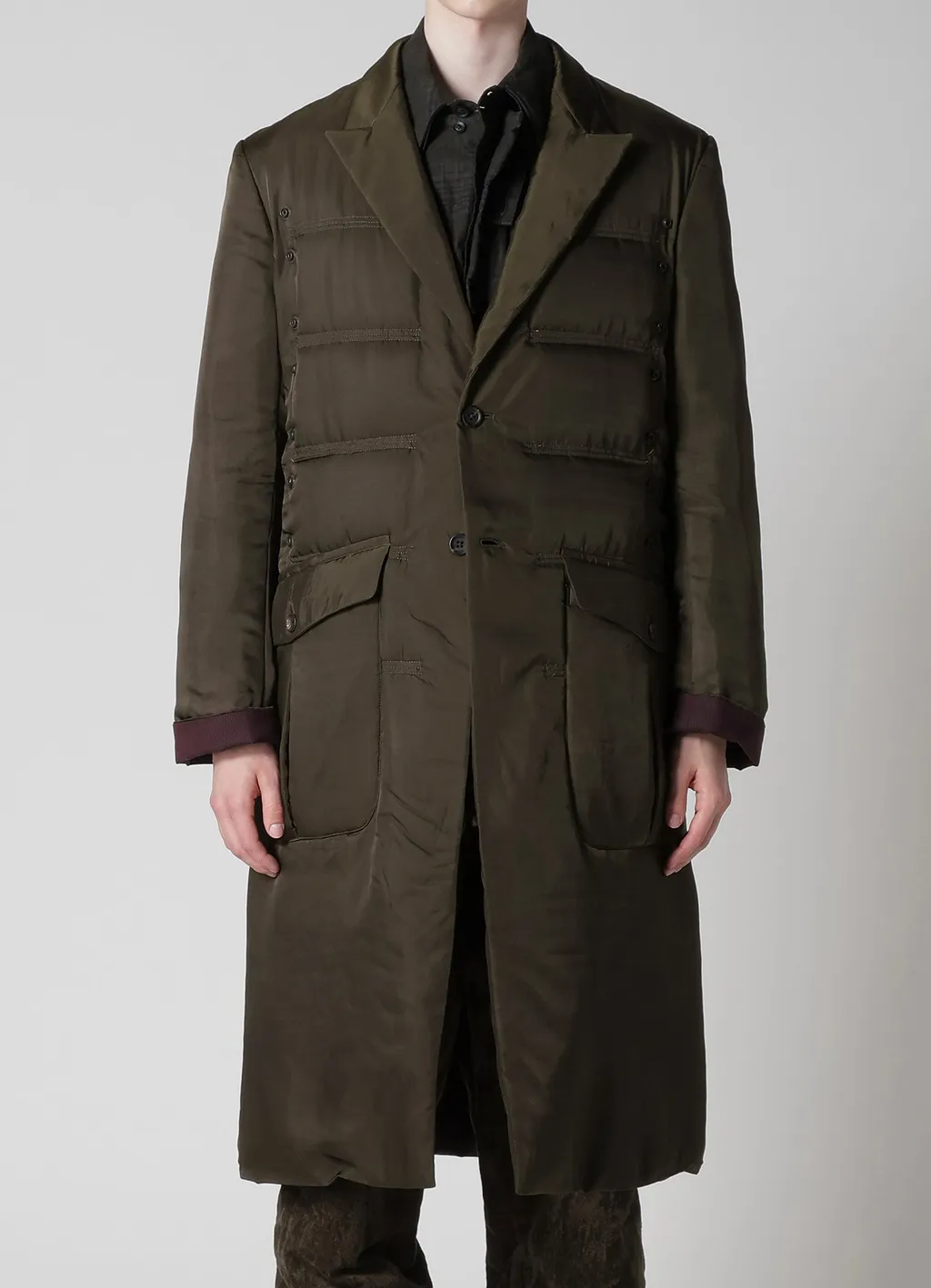 Khaki Cu Twill 2 Buttons Padded Long Jacket