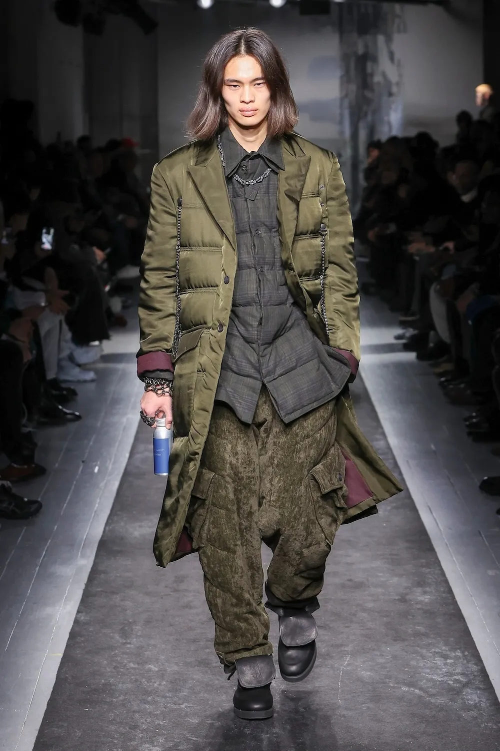 Khaki Cu Twill 2 Buttons Padded Long Jacket