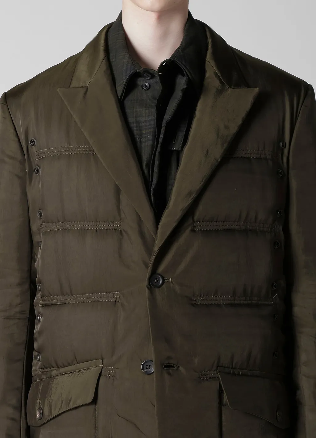 Khaki Cu Twill 2 Buttons Padded Long Jacket