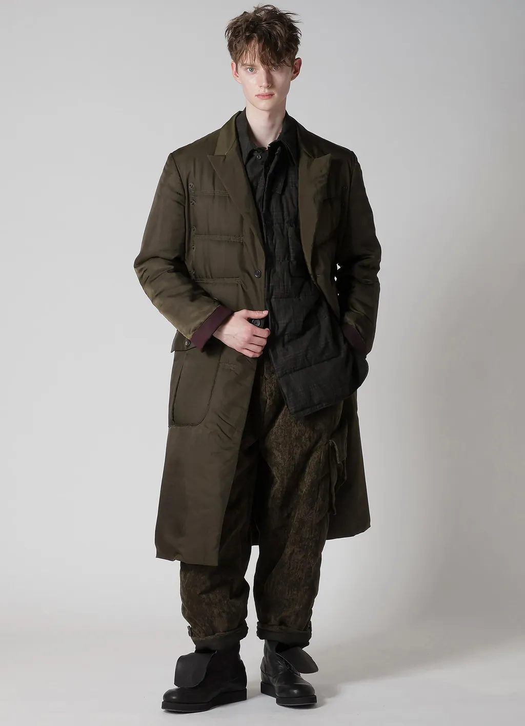 Khaki Cu Twill 2 Buttons Padded Long Jacket