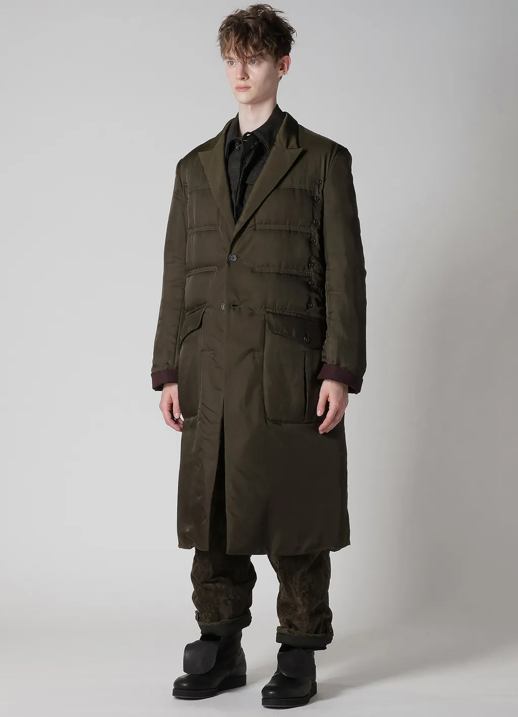 Khaki Cu Twill 2 Buttons Padded Long Jacket