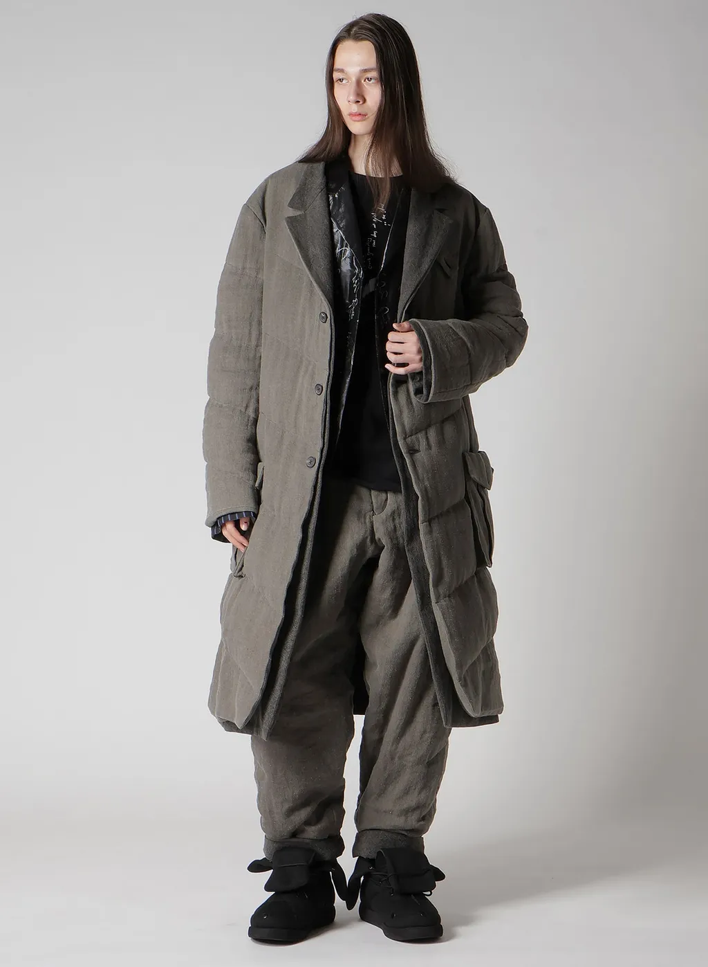Silk Linen 3Buttons Diagonal Padded Long Jacket