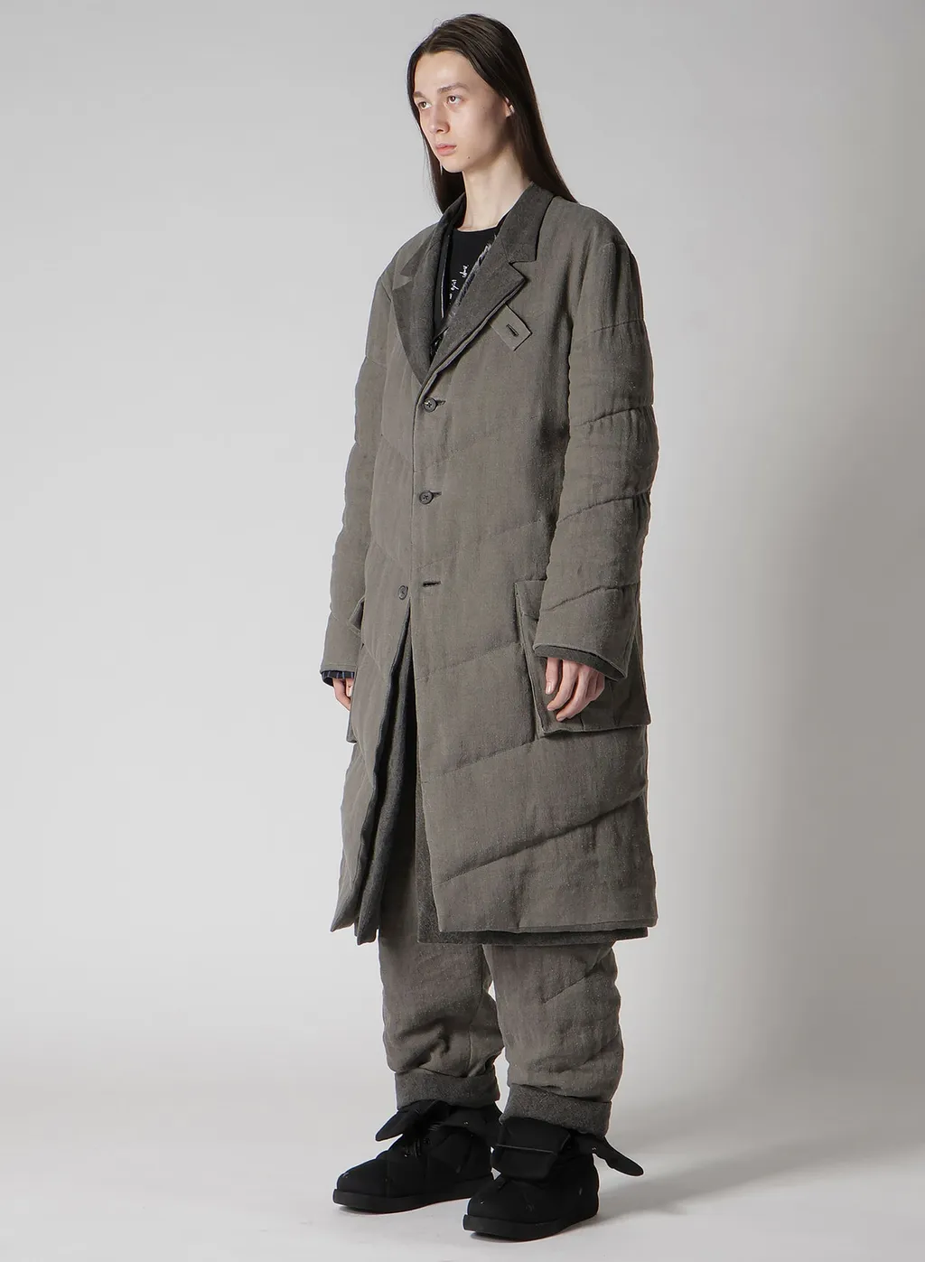 Silk Linen 3Buttons Diagonal Padded Long Jacket