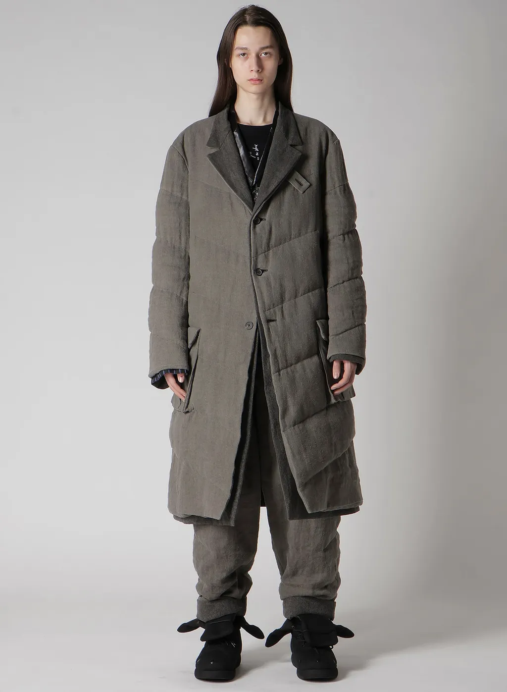 Silk Linen 3Buttons Diagonal Padded Long Jacket