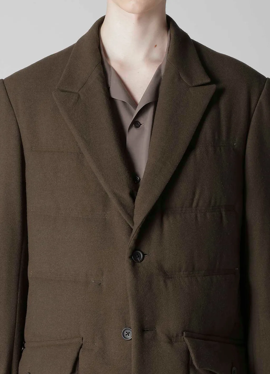 Flannel Khaki 2Buttons Padded Long Jacket