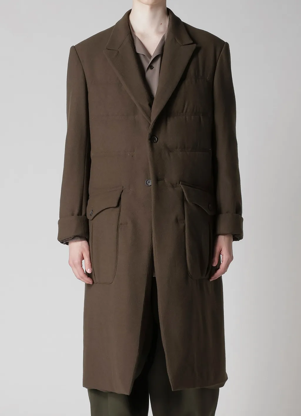 Flannel Khaki 2Buttons Padded Long Jacket