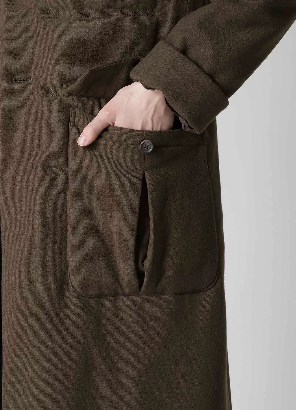 Flannel Khaki 2Buttons Padded Long Jacket