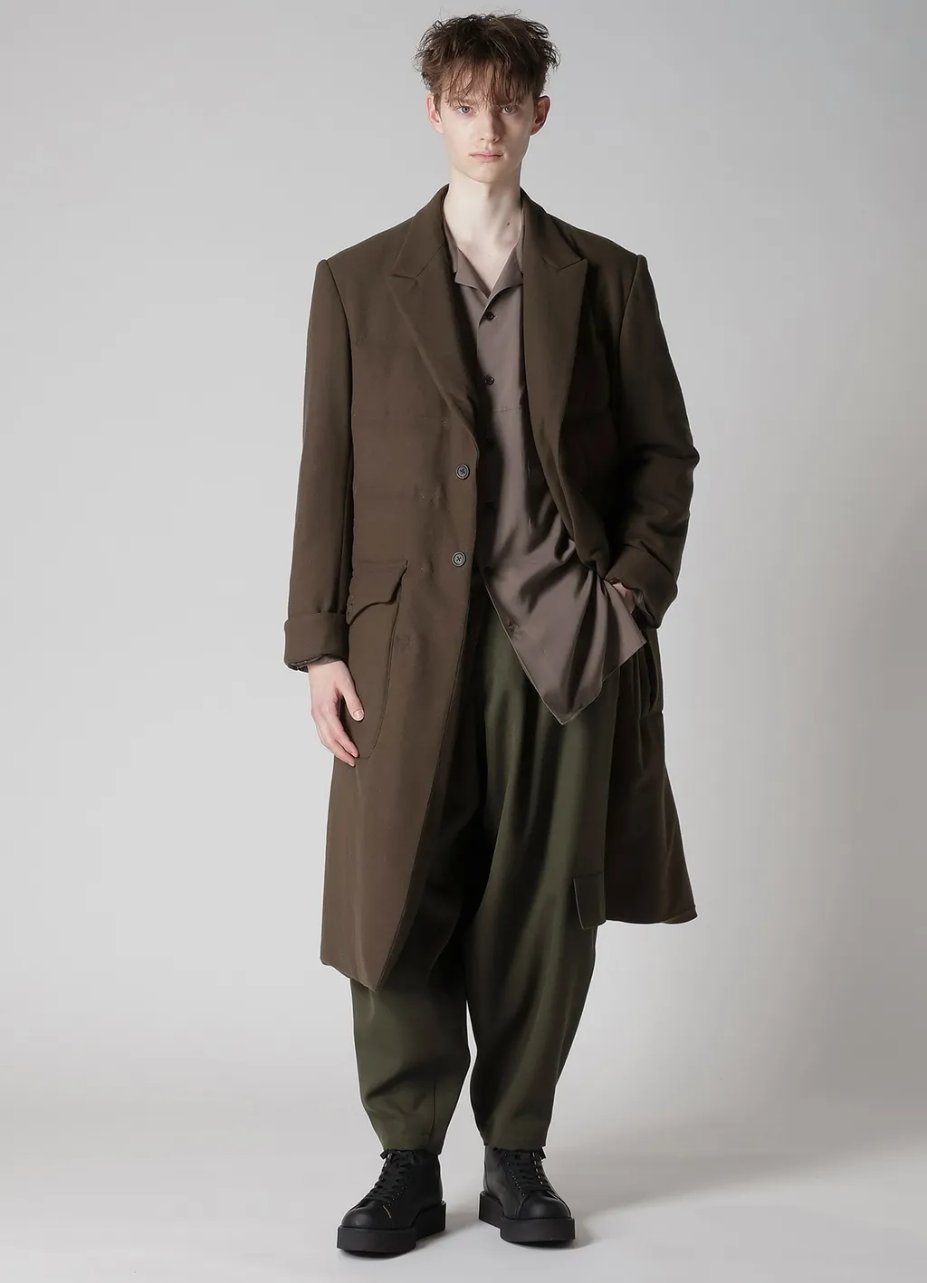 Flannel Khaki 2Buttons Padded Long Jacket