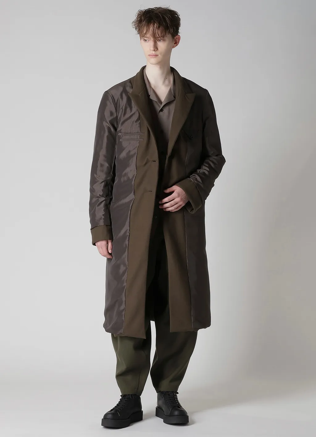 Flannel Khaki 2Buttons Padded Long Jacket