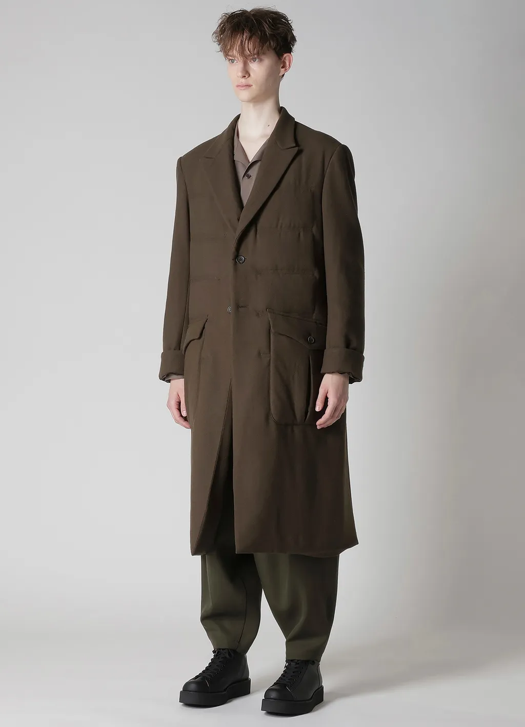 Flannel Khaki 2Buttons Padded Long Jacket
