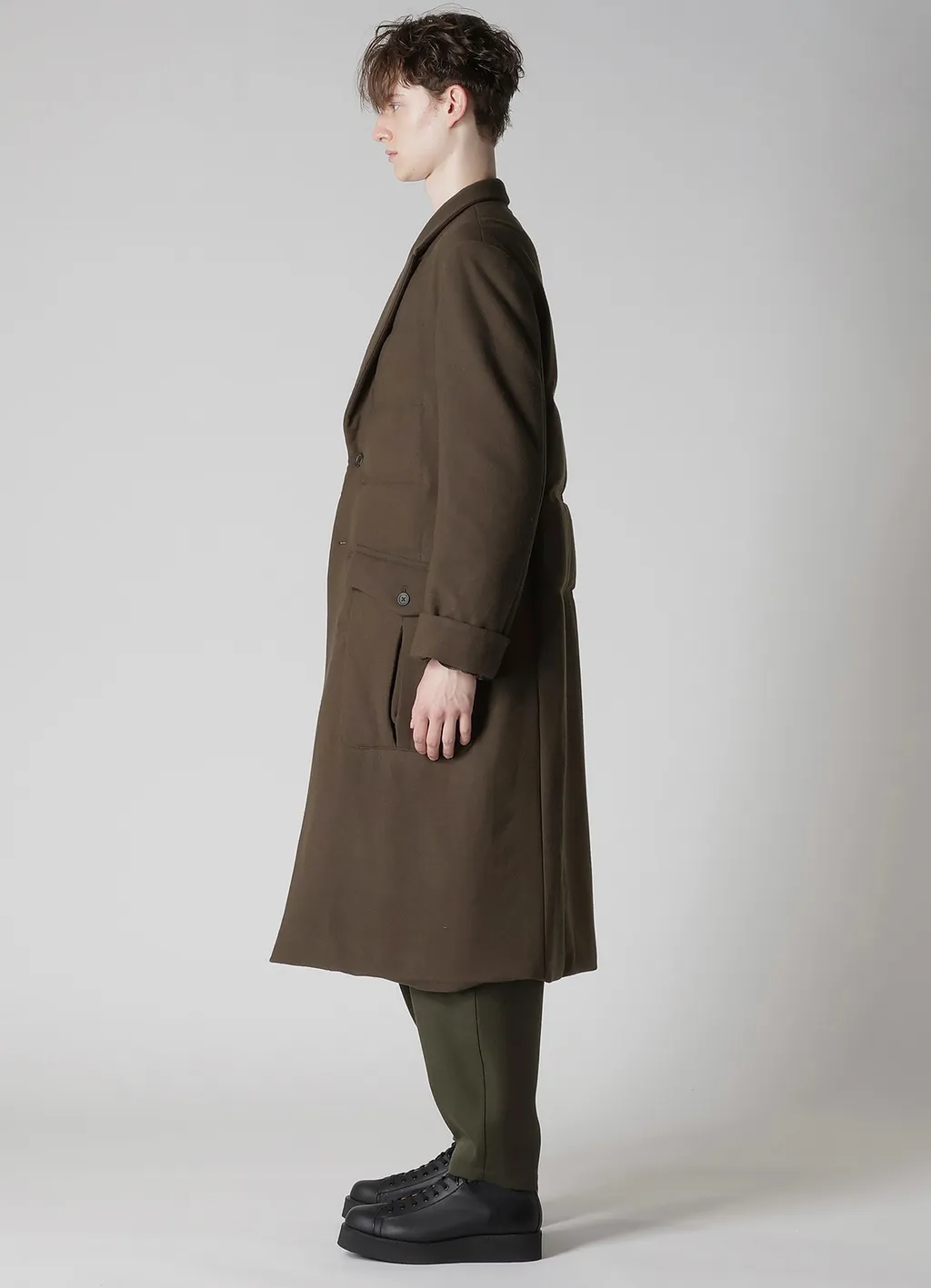 Flannel Khaki 2Buttons Padded Long Jacket
