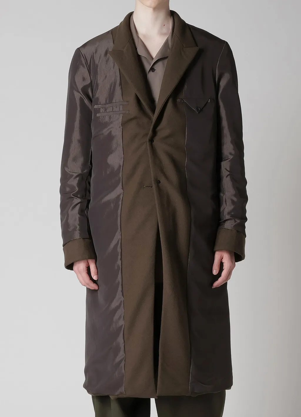 Flannel Khaki 2Buttons Padded Long Jacket