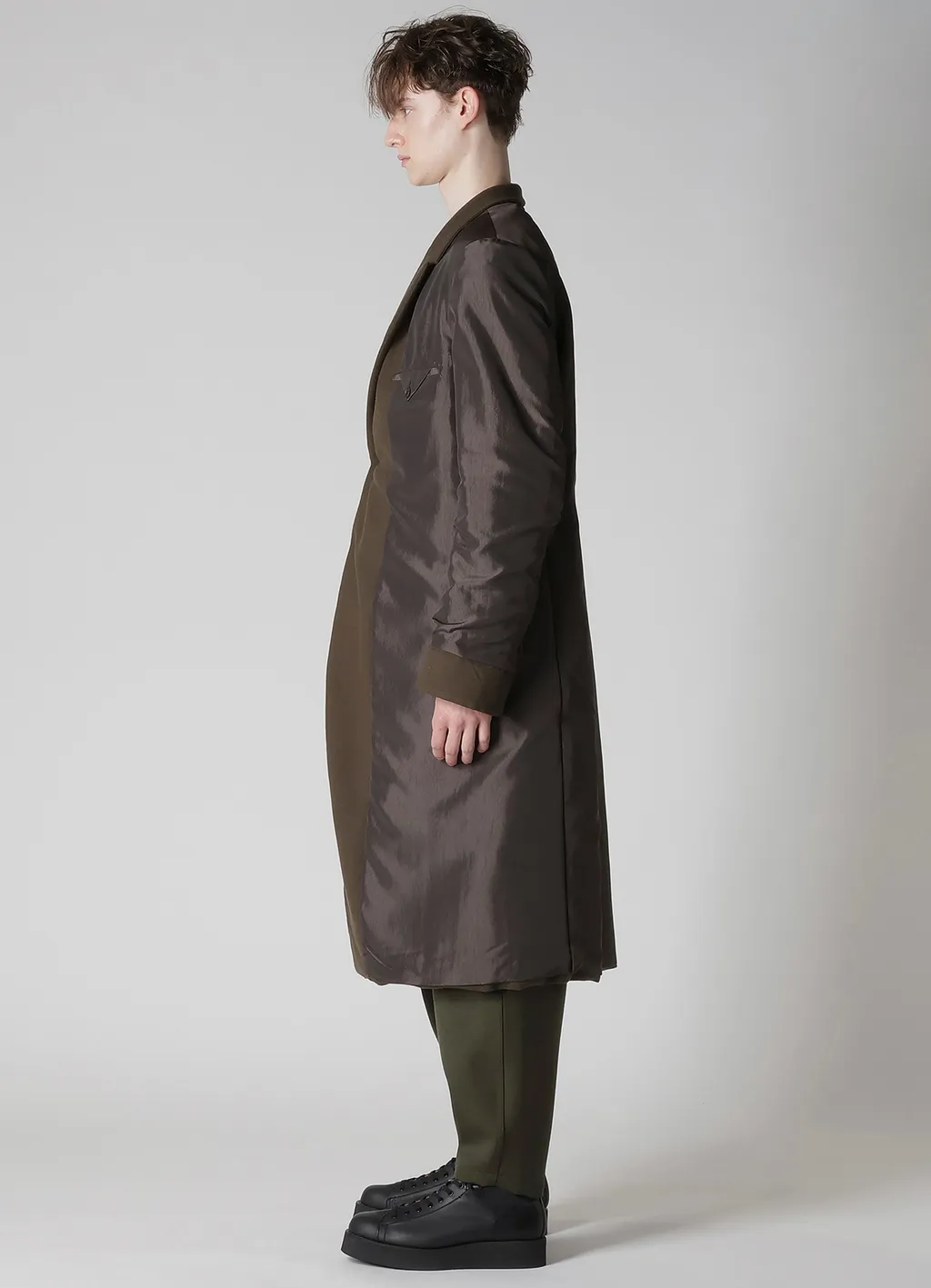 Flannel Khaki 2Buttons Padded Long Jacket