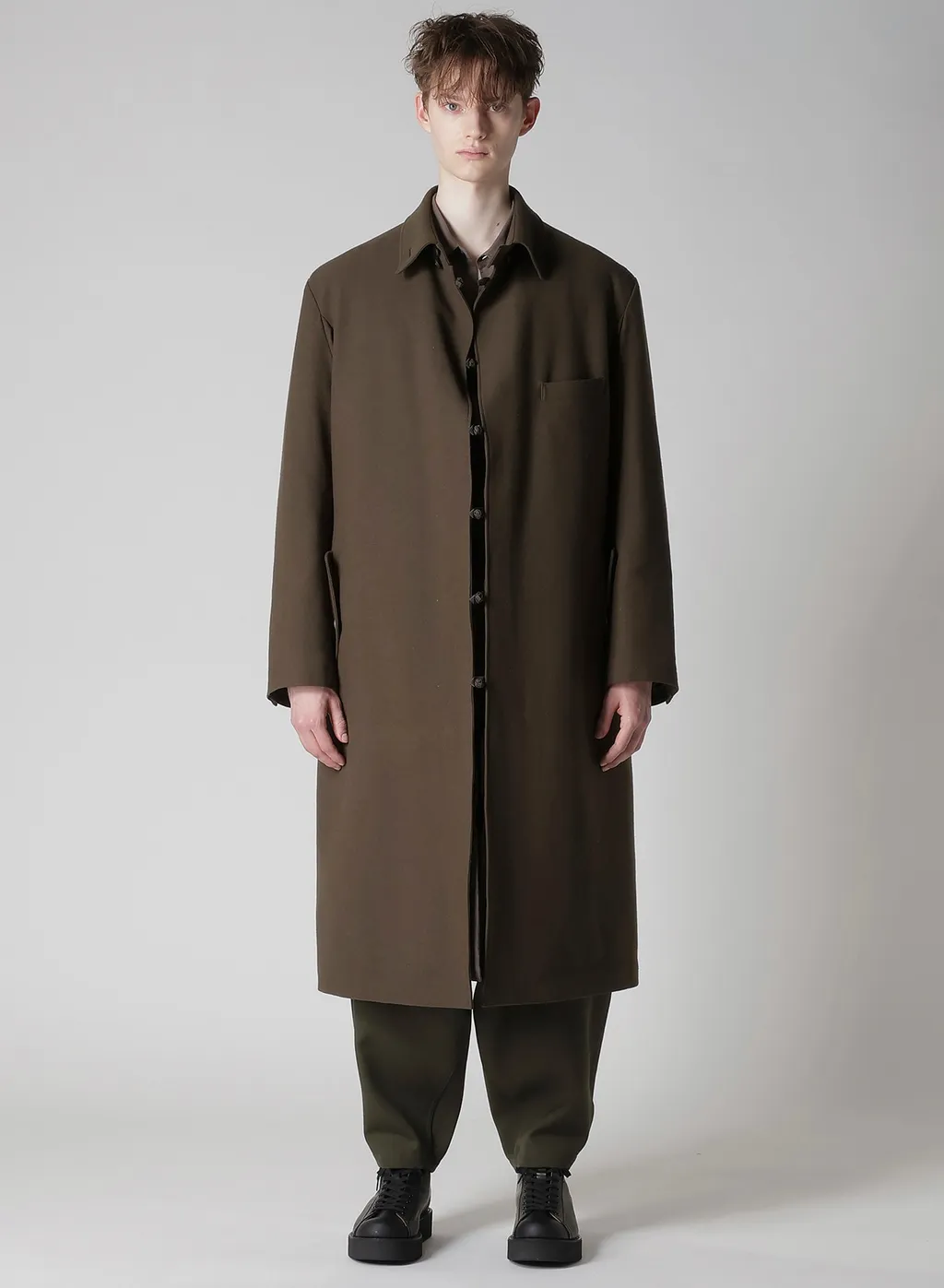 Flannel Khaki Belted Long Jacket With Liner