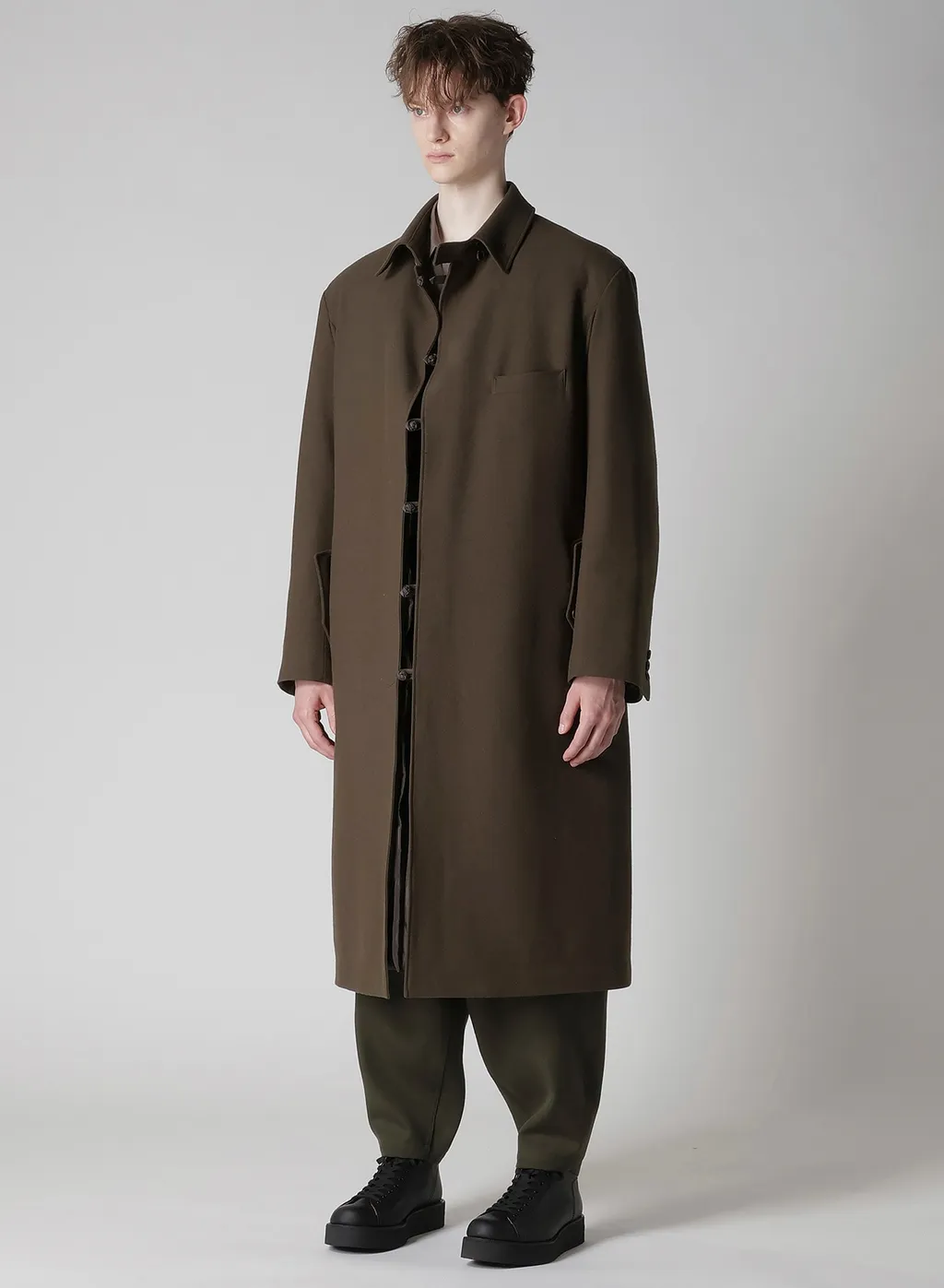 Flannel Khaki Belted Long Jacket With Liner
