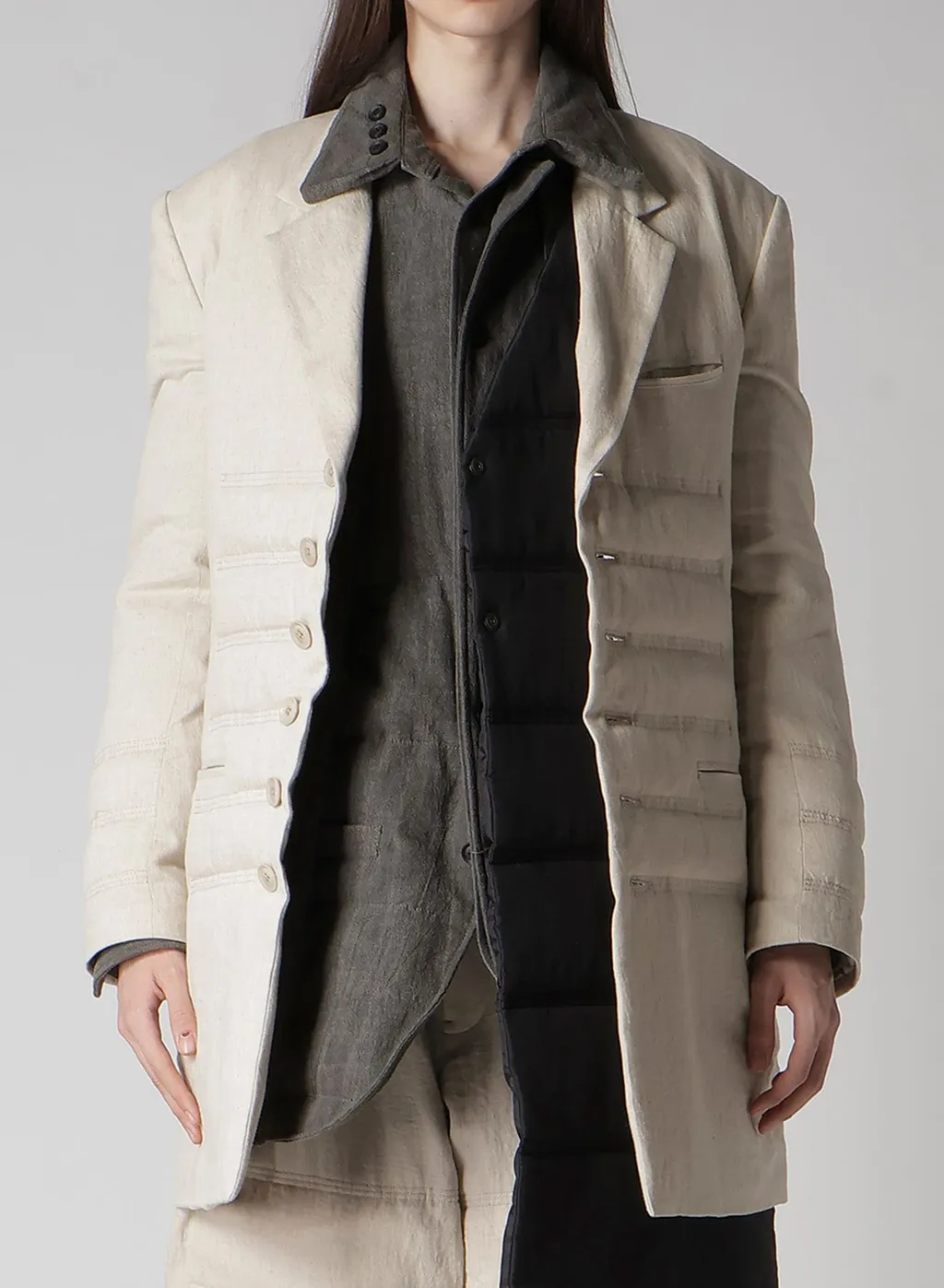 Linen/Cotton Denim 6 Buttons Padded Jacket