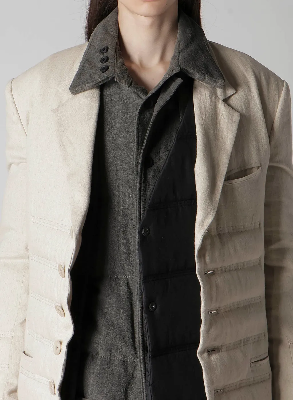 Linen/Cotton Denim 6 Buttons Padded Jacket
