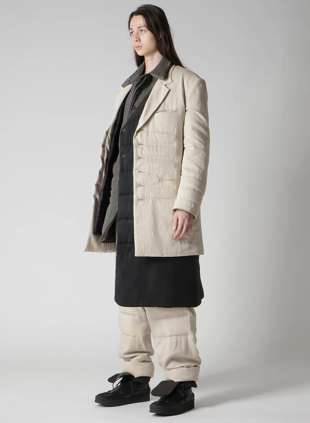 Linen/Cotton Denim 6 Buttons Padded Jacket