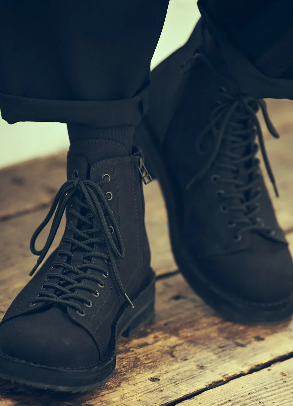 Cotton Canvas Lace-Up Biker Boots