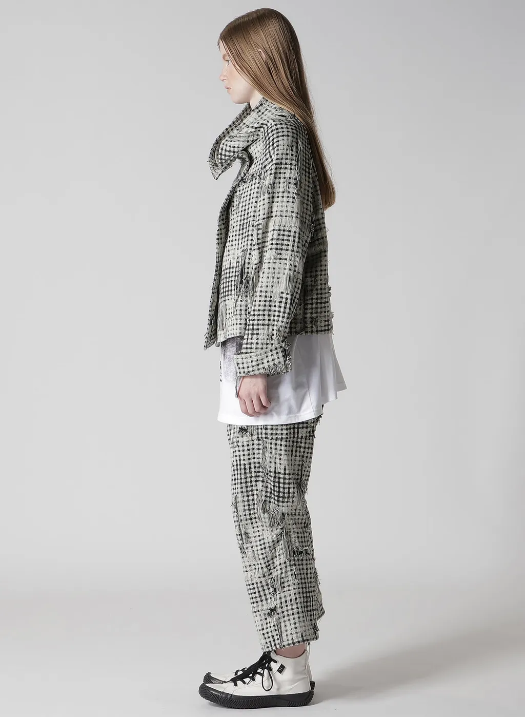 Damaged Gingham Jacquard Wrap Coat