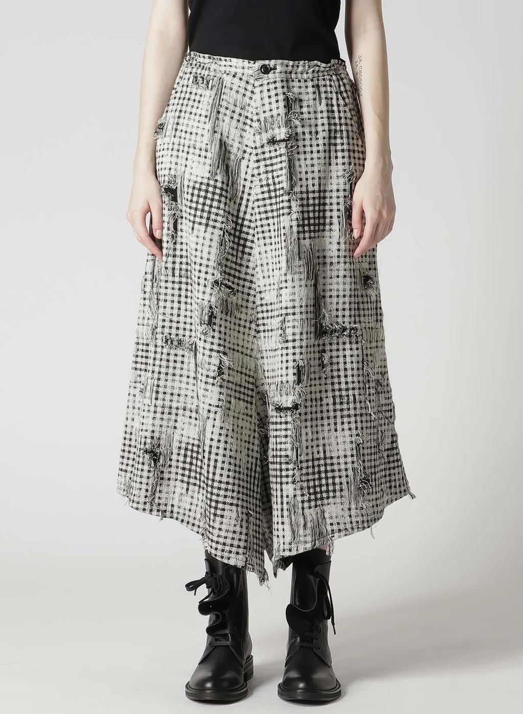 Damaged Gingham Jacquard Skirt-Like Pants