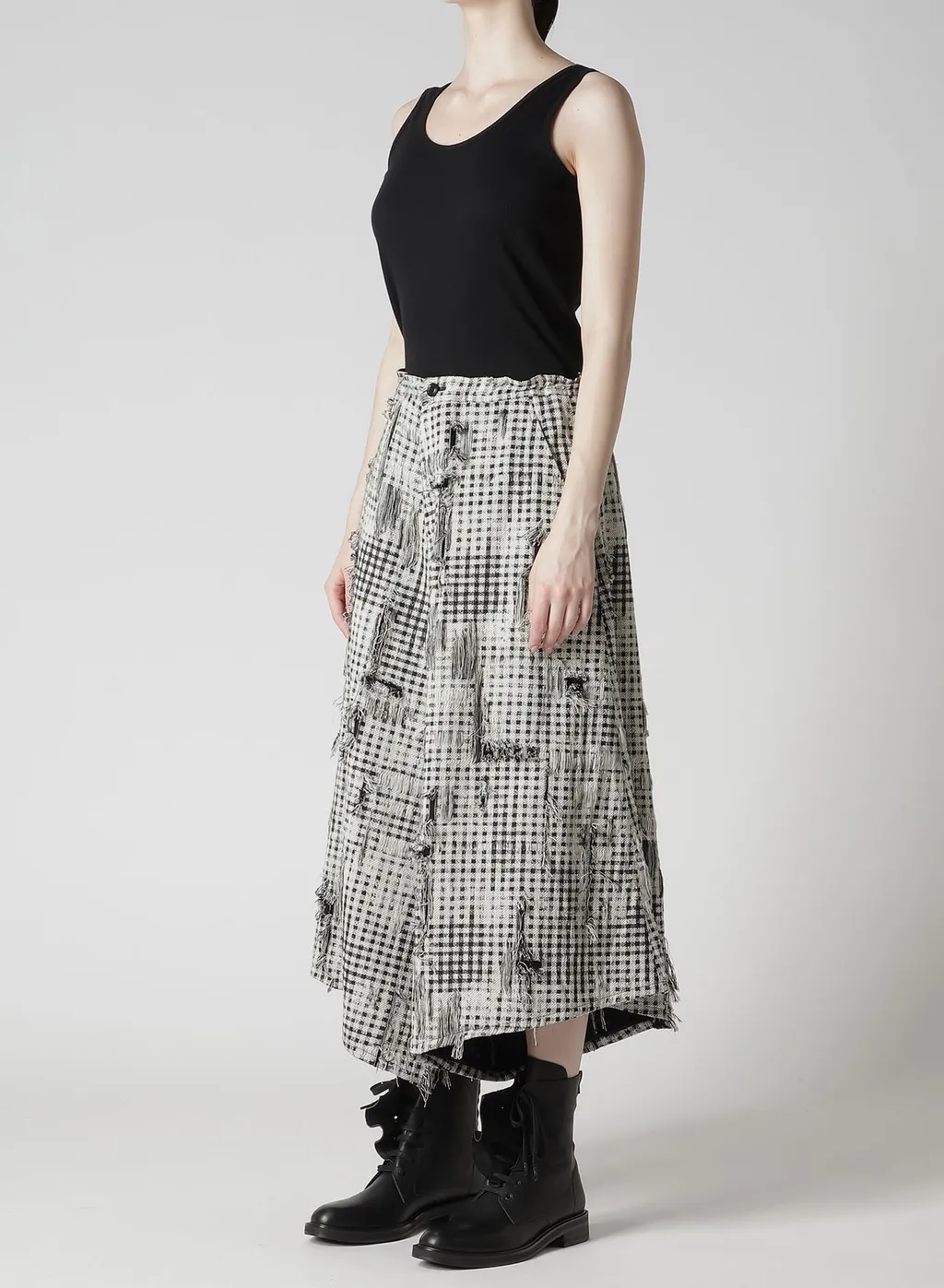 Damaged Gingham Jacquard Skirt-Like Pants