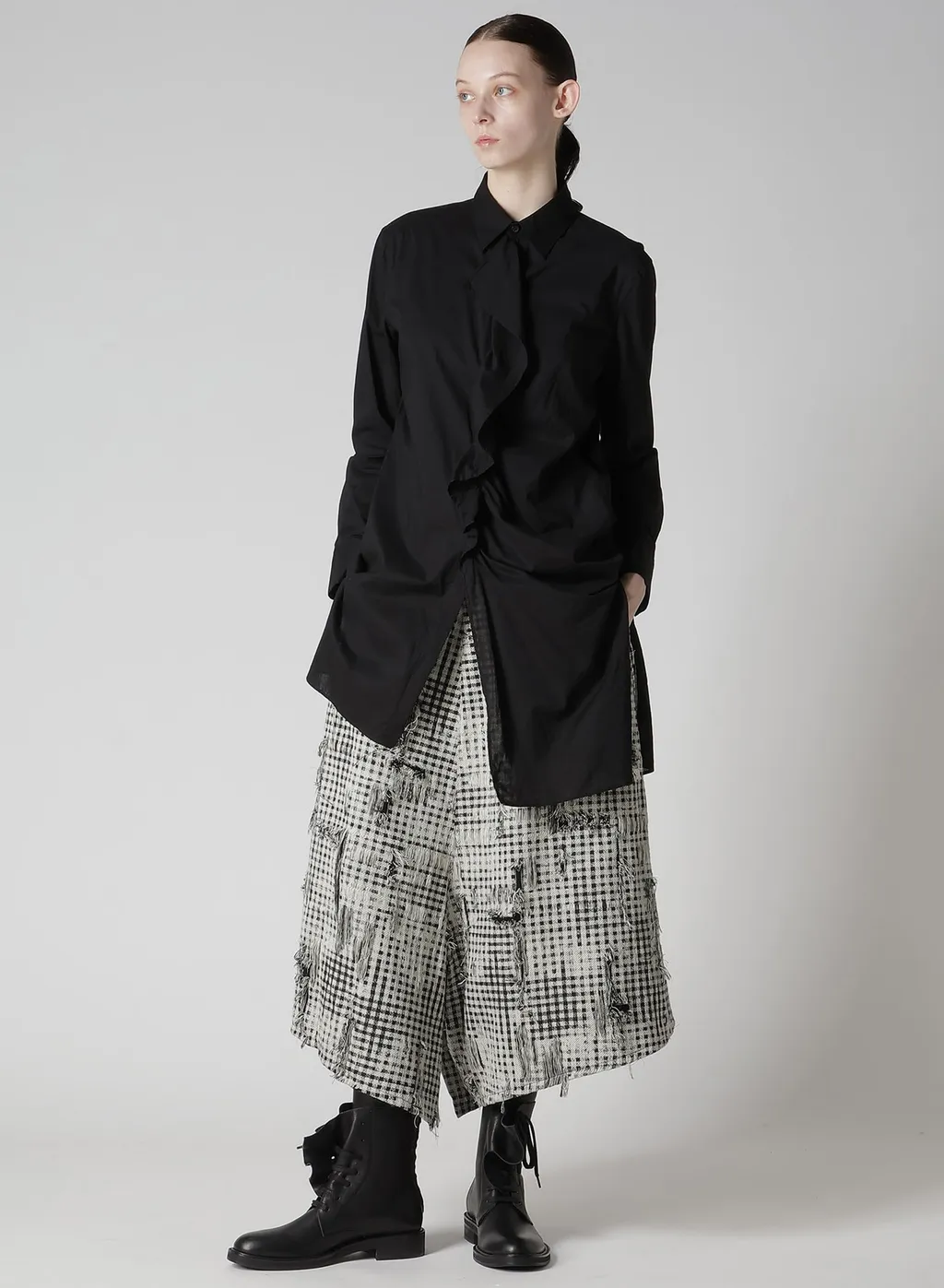 Damaged Gingham Jacquard Skirt-Like Pants
