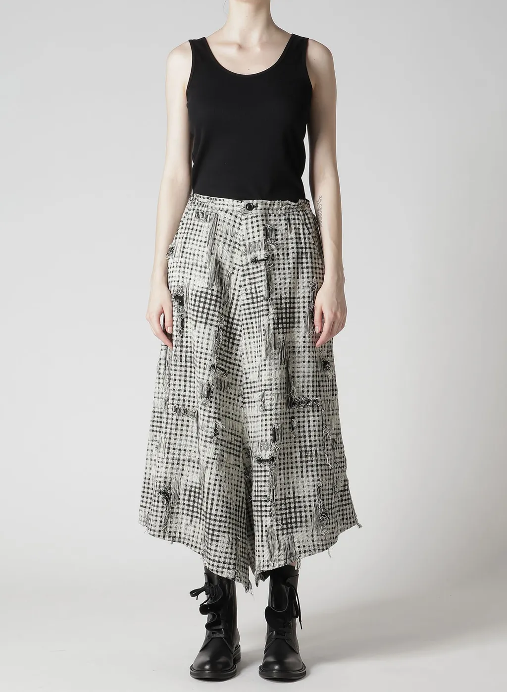 Damaged Gingham Jacquard Skirt-Like Pants